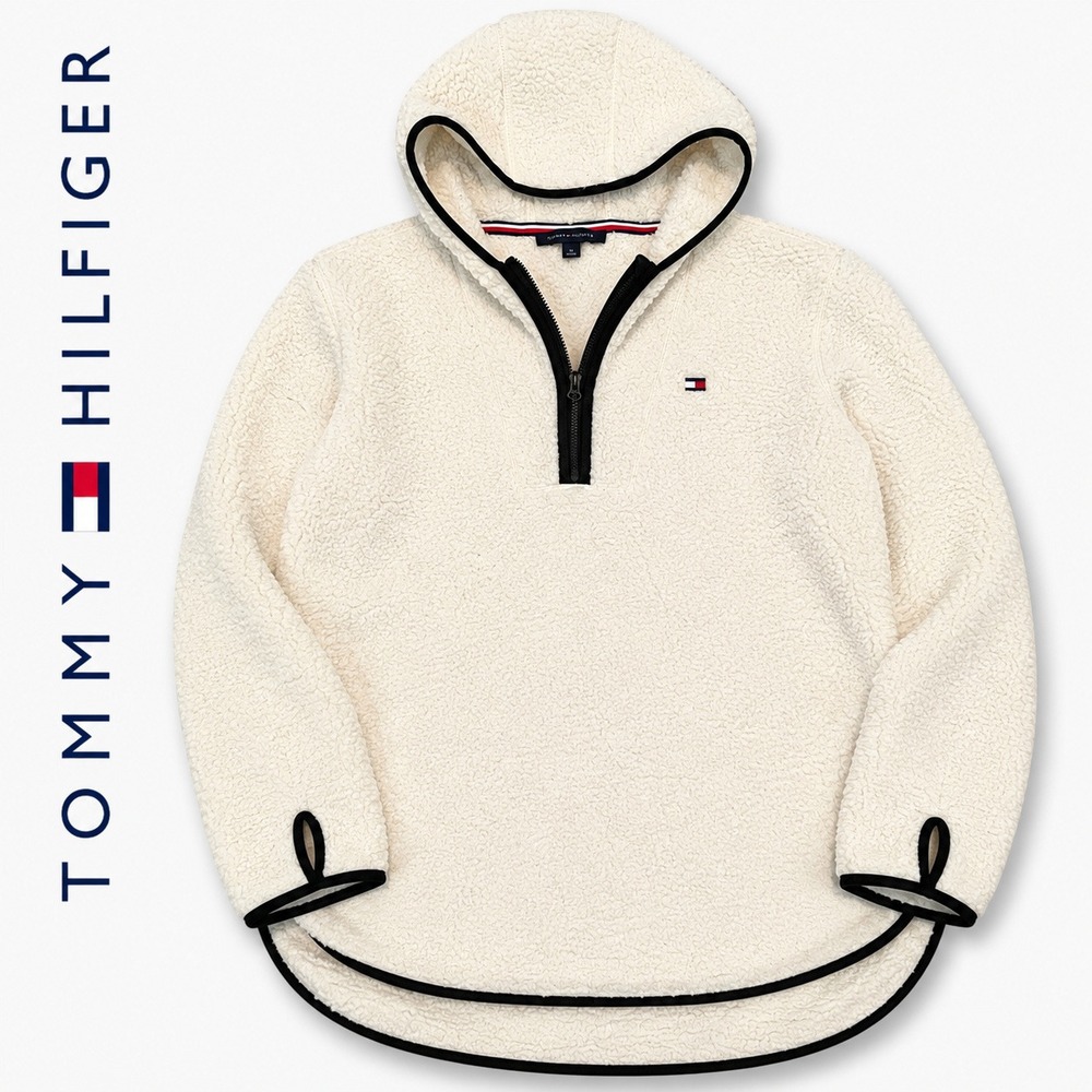 Tommy Hilfiger‎ Qtr Zip Hoodie Womens Medium White Sherpa Fleece Pullover Cozy